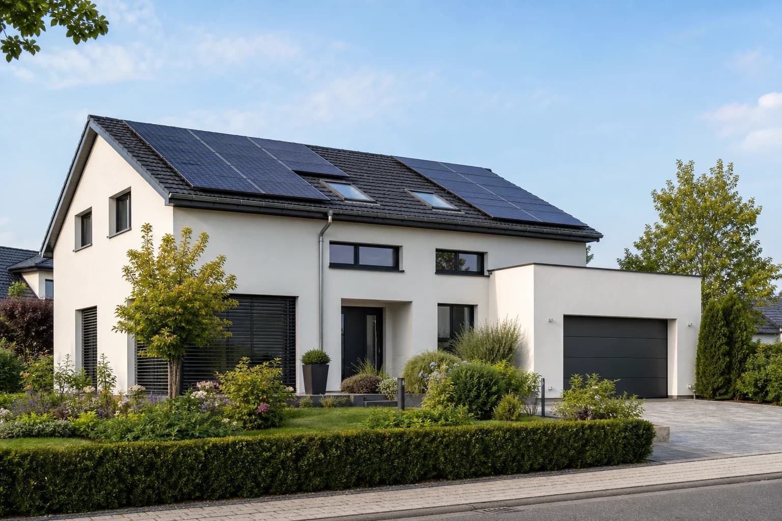 Modernes Einfamilienhaus mit Photovoltaikanlage als Beispiel für eine individuelle Energielösung