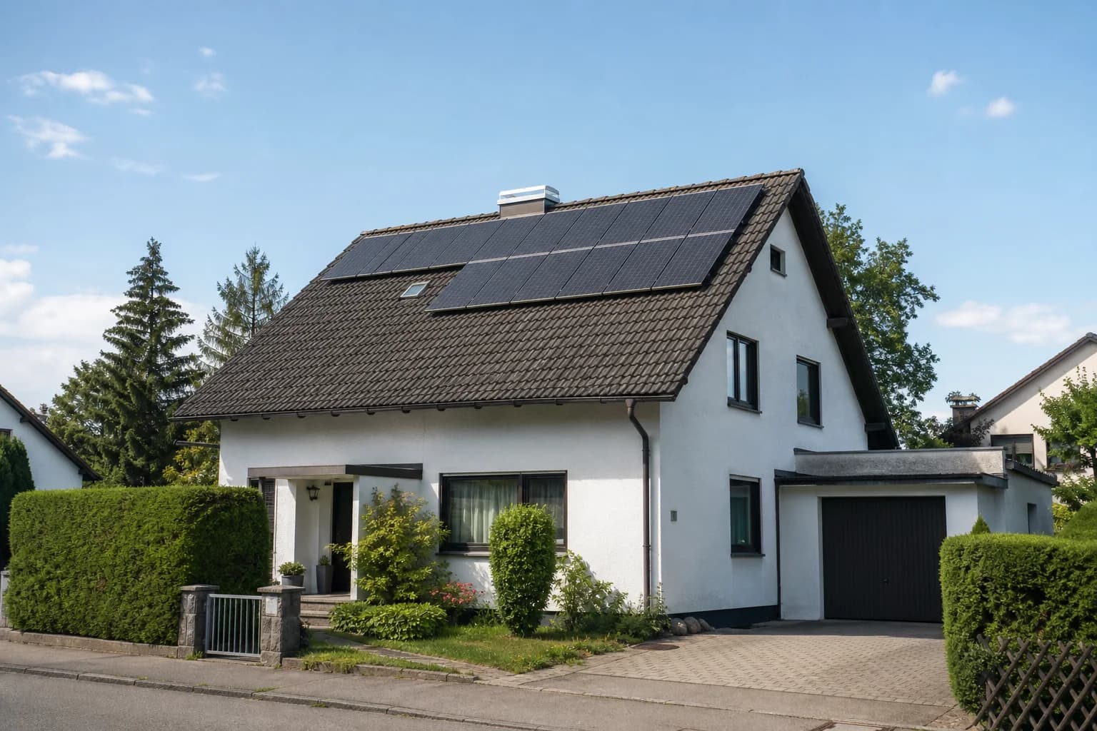 Freundliches Wohnhaus mit Photovoltaikanlage in deutscher Wohnumgebung